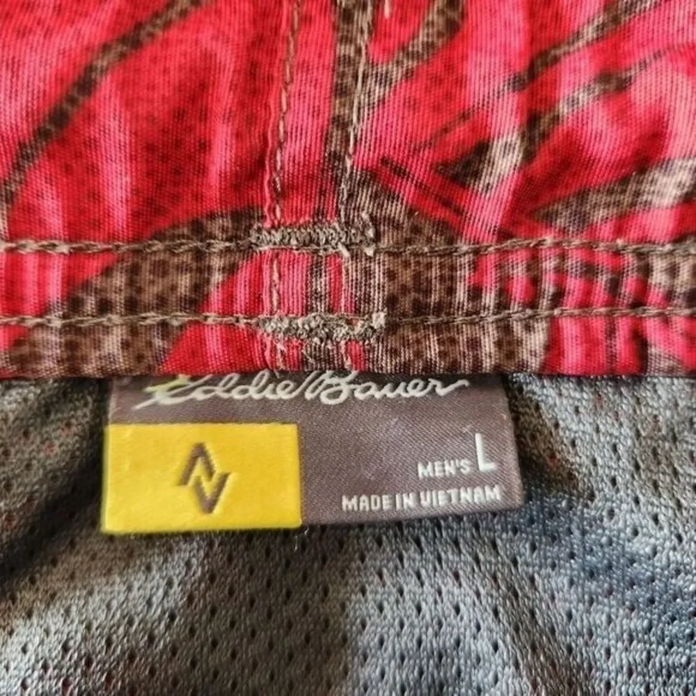 Eddie Bauer Men's‎ Large Red Brown Leaf Print Bathing Suit Swim Trunks Shorts